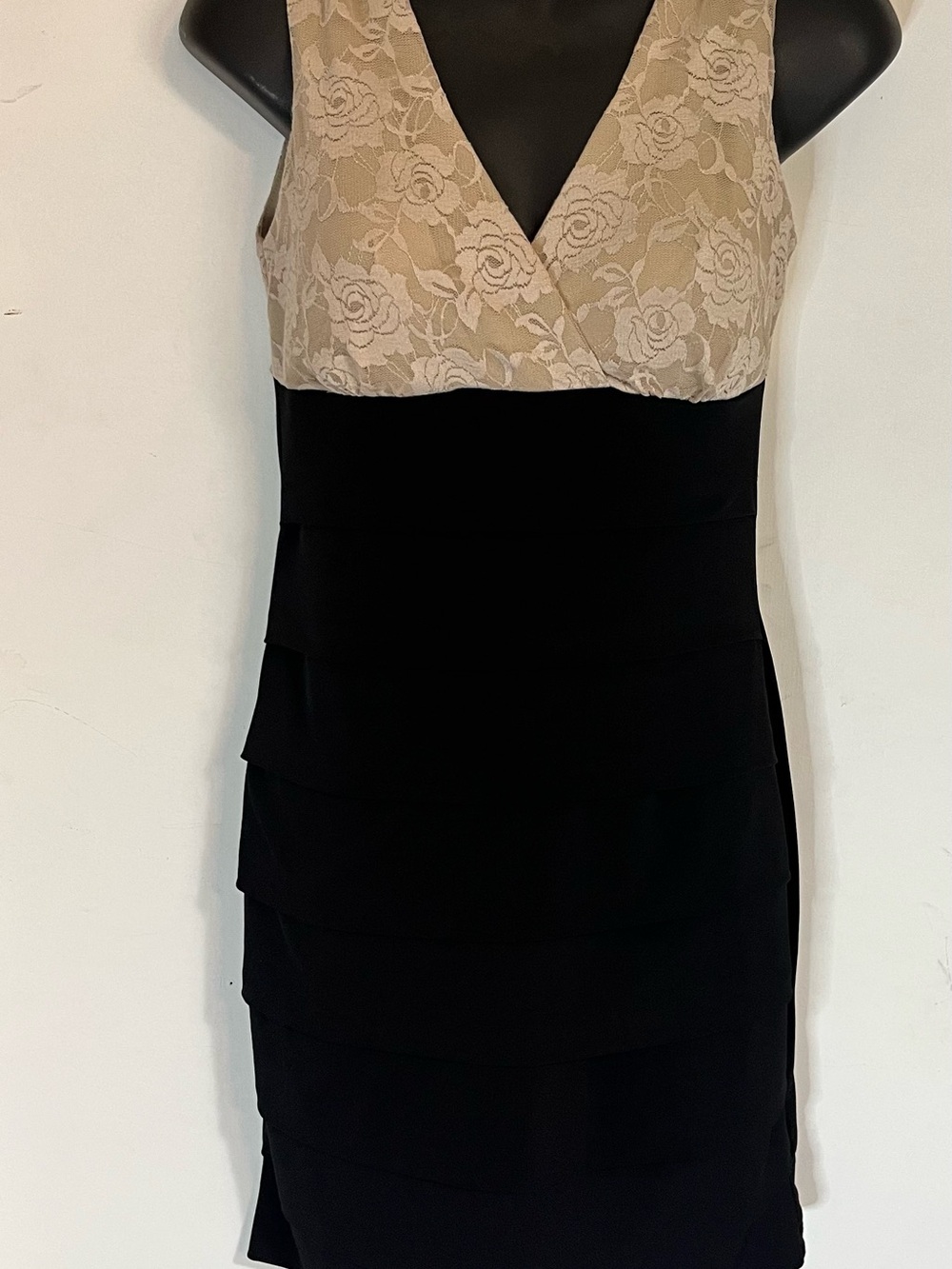 Sleeveless V-Neck Black and Beige Lace Cocktail Dress